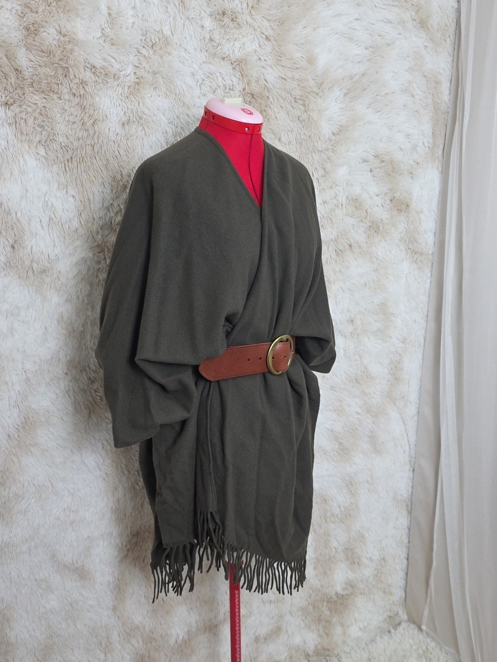 NWT Talbots 100% Wool Olive Wrap Shawl w/ Leather Belt Made in Italy OS - Picture 9 of 13